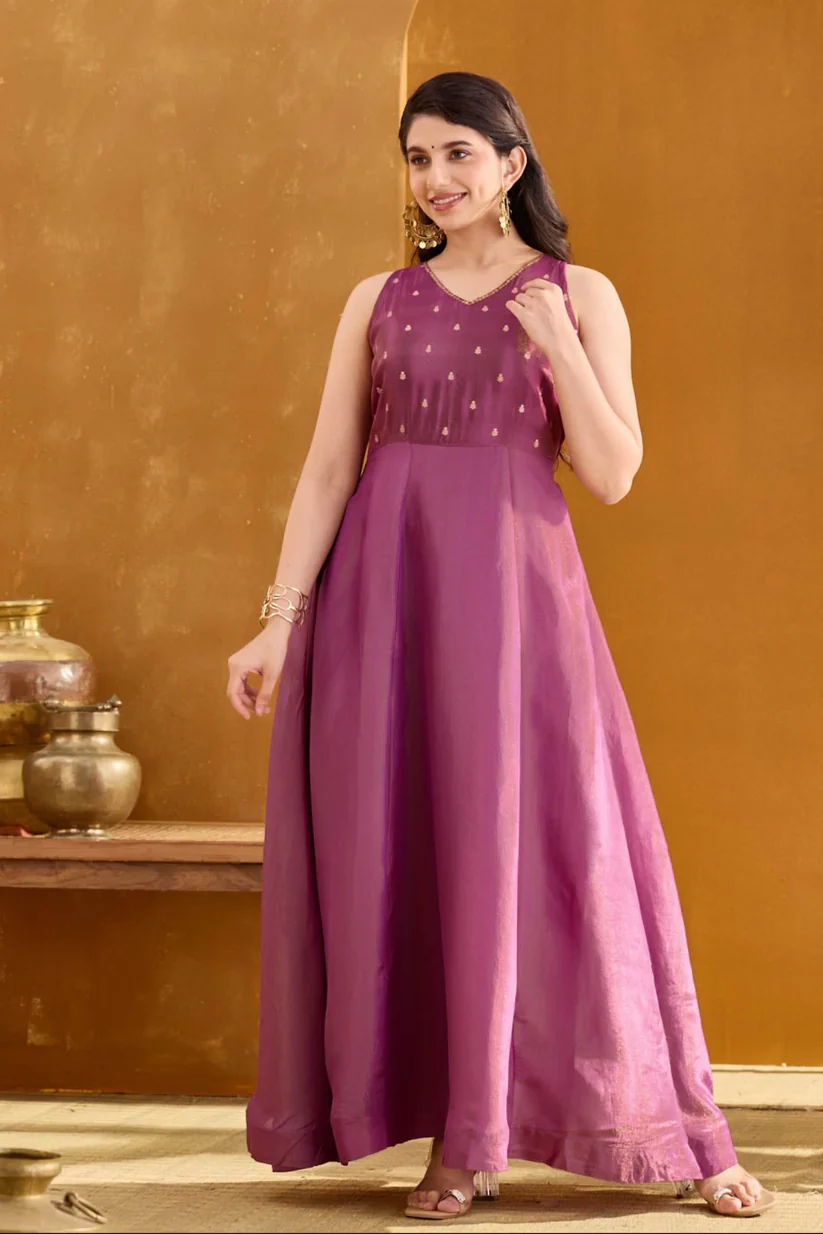Purple Anarkali Dress with Embroidery & Sequin Work with Dupatta